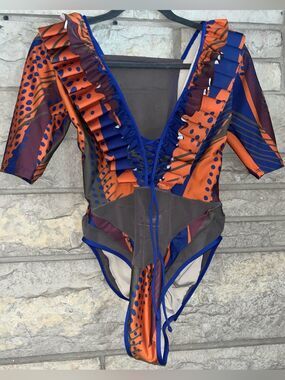 B FYNE Nyma Swimsuit NWT 1 Piece Mesh Panel Tie-Up Ruffles Org/Blu/Burg Sexy LGE